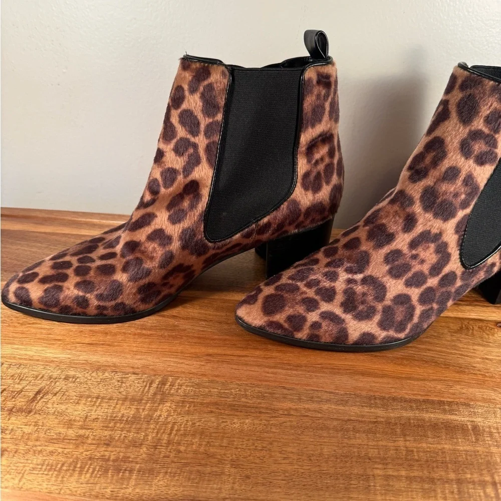Nine West Taye Leopard Print Faux Pony-hair Chelsea Heeled Boot Size 8.5